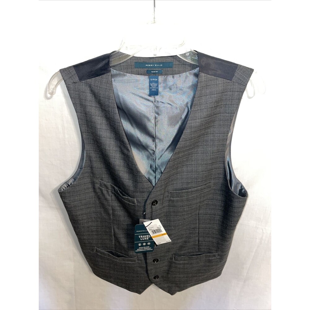 Perry Ellis Dress Vest Men’s Slim Fit Small Gray 5 Button Pockets Polyester NWT